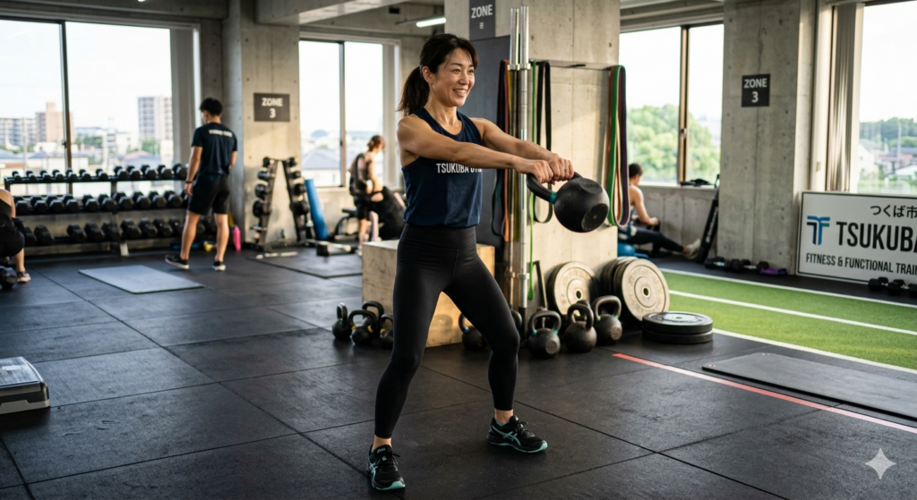 つくば市のジムで取っ手付きの重りを使ったファンクショナルトレーニングをする40代女性