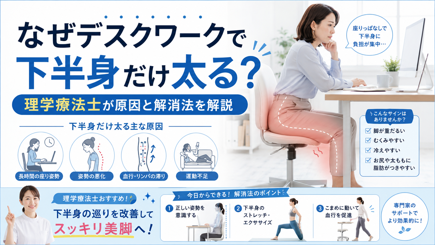 デスクワークで下半身だけ太る原因と解消法｜理学療法士が解説つくばKick&Core