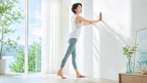 壁に手をついてふくらはぎをストレッチする女性｜こむら返り予防