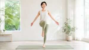 マットの上で片足立ちしてバランスを取る女性｜体幹トレーニング