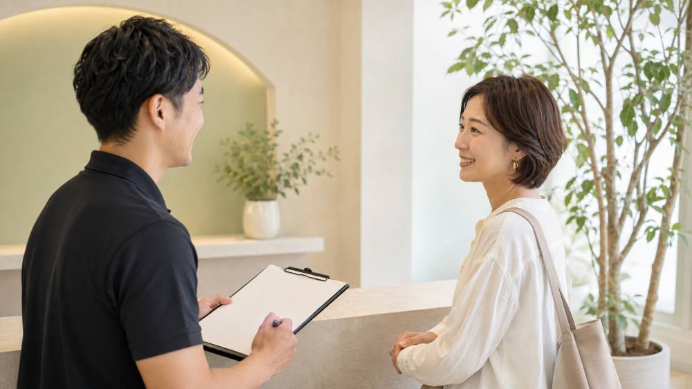 つくばのフィットネススタジオの受付で、カウンセリングシートを持つトレーナーと笑顔で話す女性