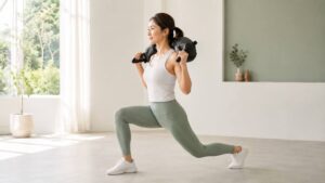 ブルガリアンバッグを担いでランジをする女性（HYROXの練習）