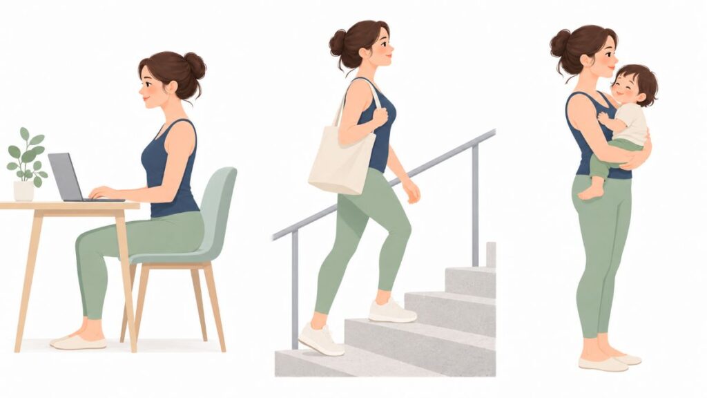 デスクワーク、階段の上り、子どもの抱っこをする女性のイラスト。日常生活には体を支える器具はない