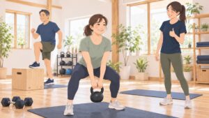 明るい小さなスタジオで、女性がケトルベルを持ち上げ、男性がボックスにステップアップし、女性トレーナーが見守る少人数トレーニングのイラスト