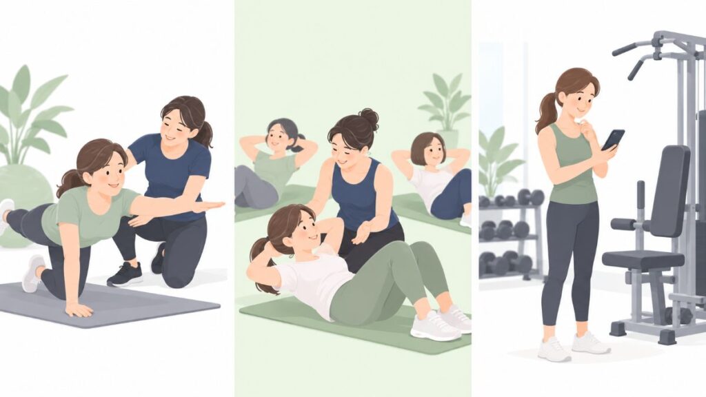 1対1のパーソナル、少人数制、24時間ジムの指導の受け方の違いを表したイラスト