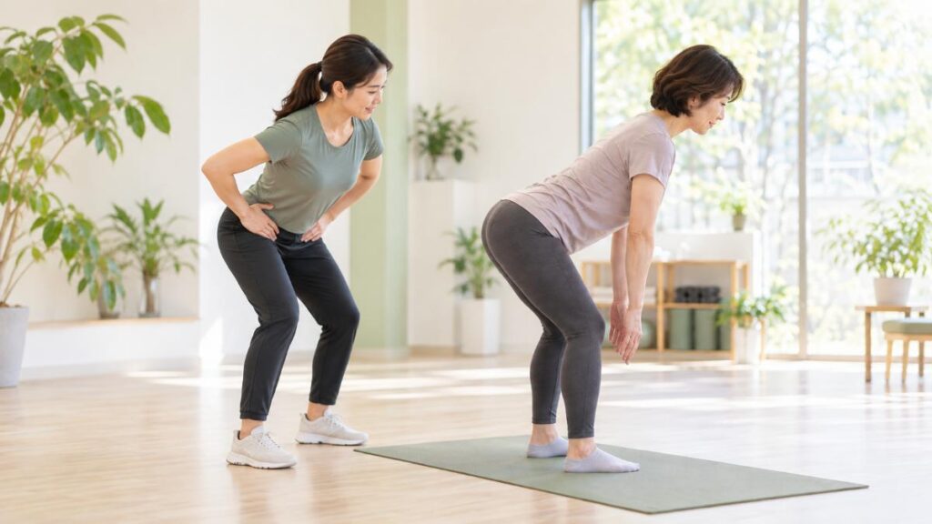 女性トレーナーの見本を見ながら、股関節から体を前に倒す練習をする40代の女性